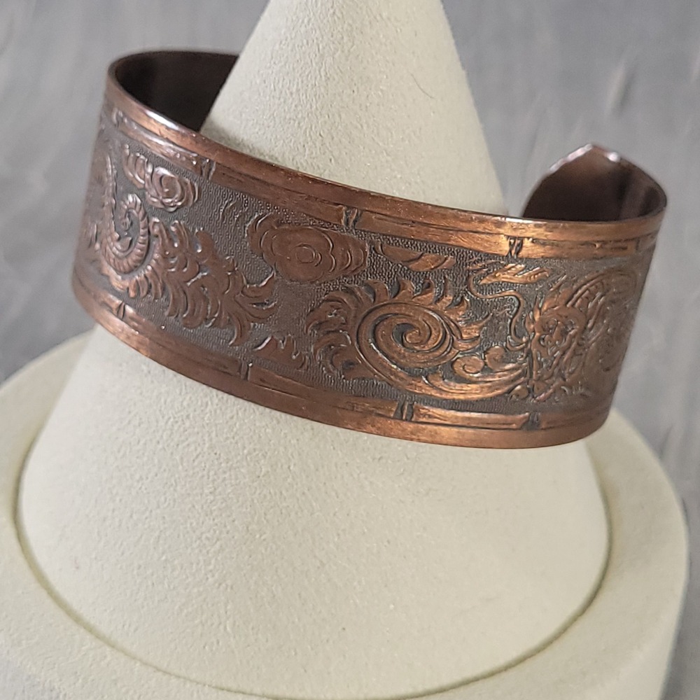 Vintage Chinese Dragon Copper Cuff Bracelet Wide Embossed Asian Jewelry